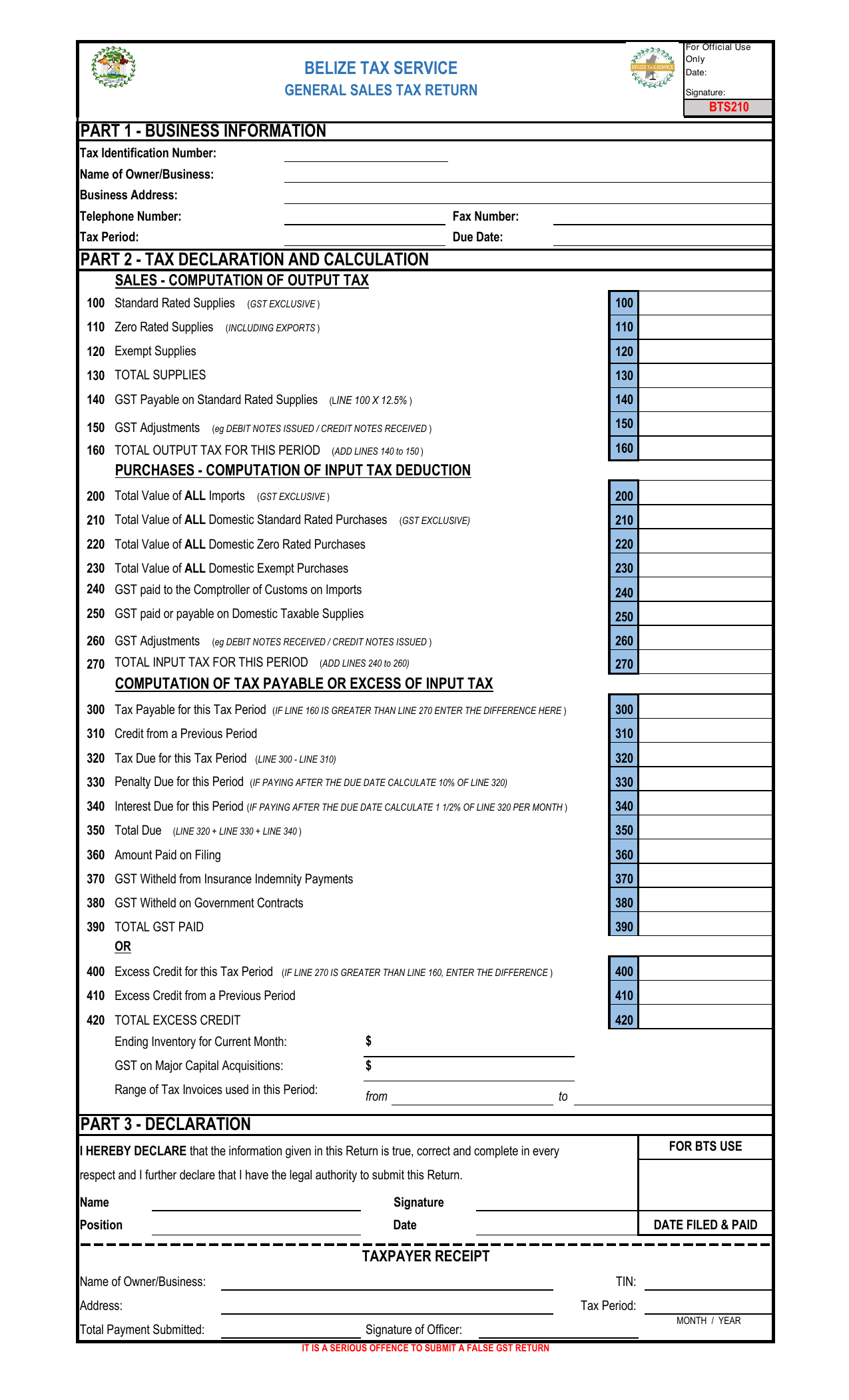 Preview of Form BTS210 — General Sales Tax Return