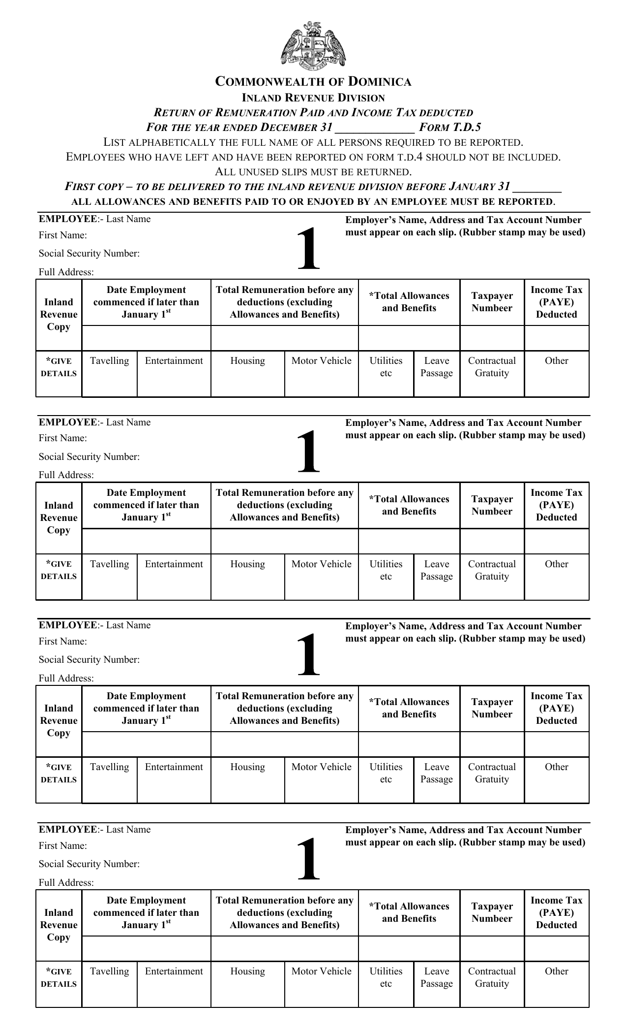 Preview of Form T.D.5 — Annual Return of Payments to Employees