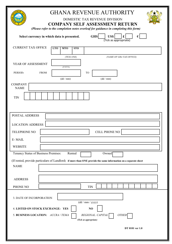 Preview of Form DT 0101 — Company Income Tax Self-Assessment Return