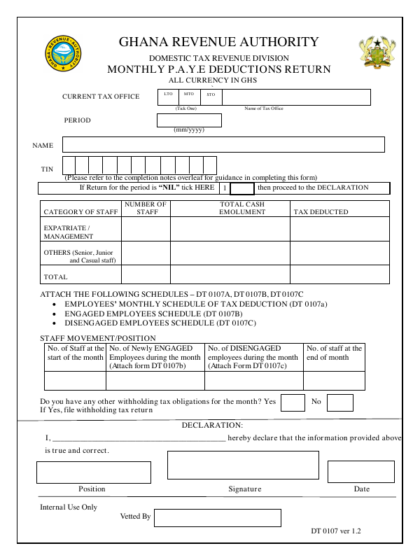 Preview of Form DT 0107 — Monthly PAYE Deductions Return