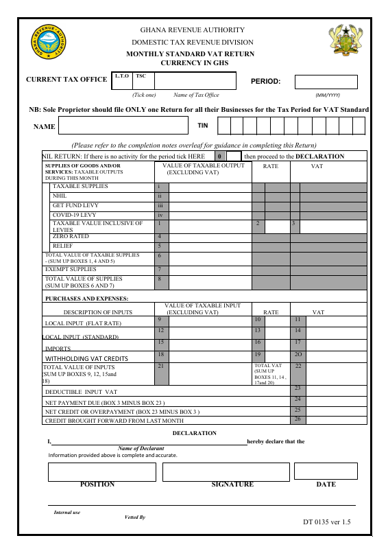 Preview of Form DT 0135 — VAT Standard Rate Return