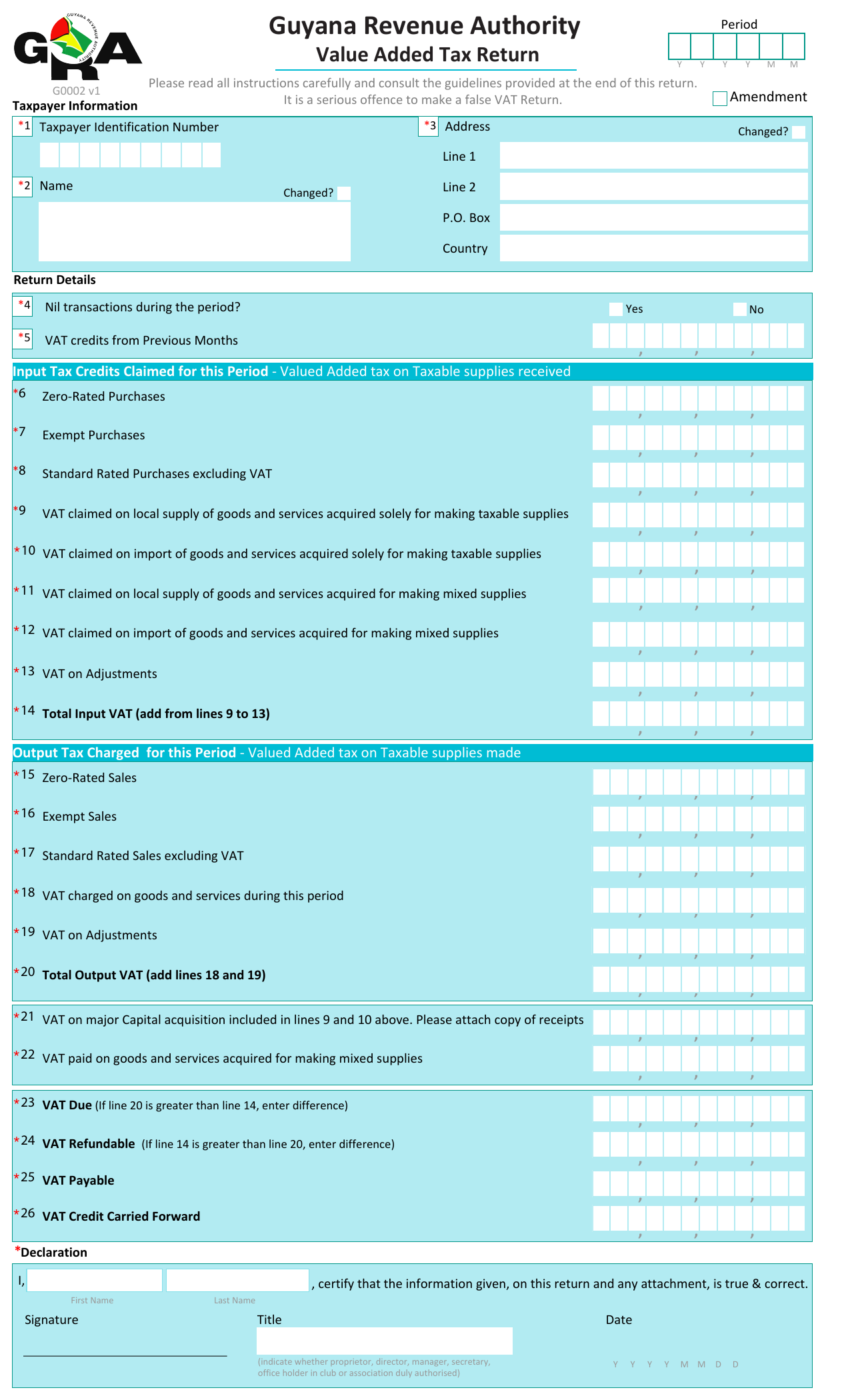 Preview of Form G0002 — Value Added Tax Return