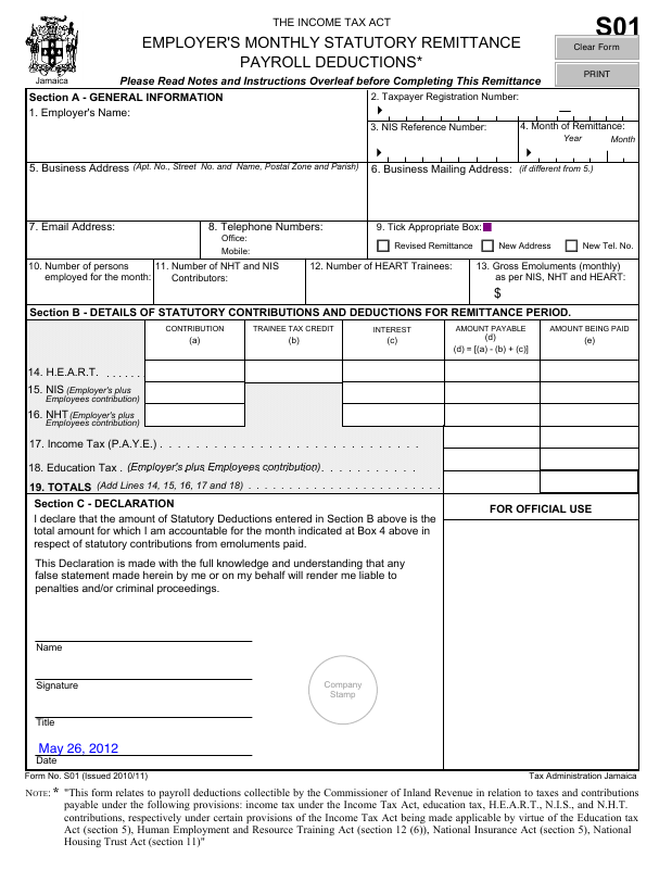 Preview of Form S01 — Monthly Payroll Return