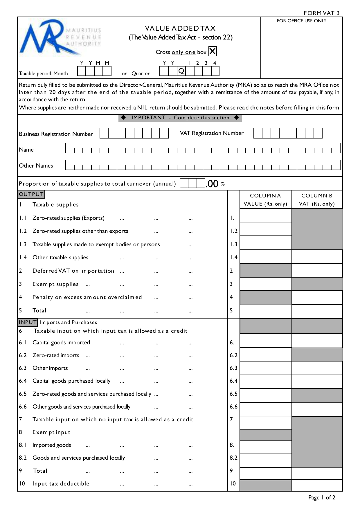 Preview of Form VAT 3 — Value Added Tax Return
