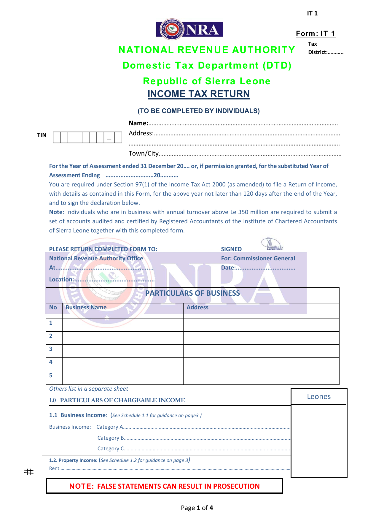 Preview of Form IT 1 — Income Tax Return